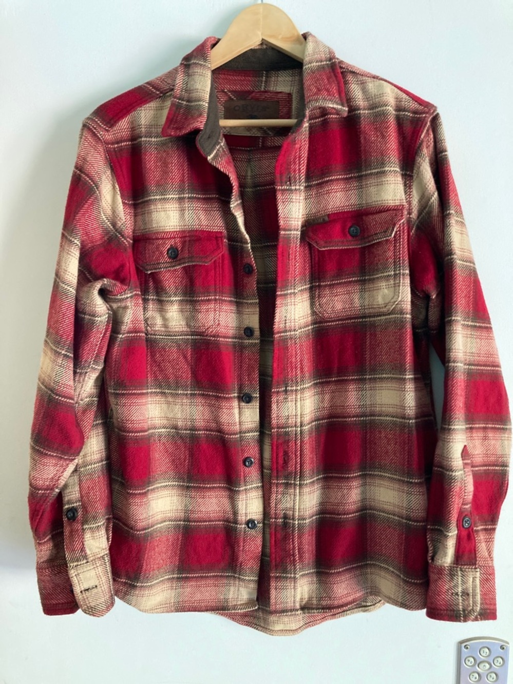 Orvis Mens Size S Shirt Jacket Red Plaid Heavy 100% Cotton Flannel Shacket Top